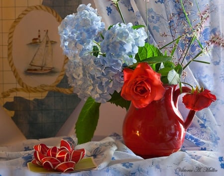 Blue hydrangeas - red, flowers, vase, still life, abstract, blue, art, hydrangeas, decor, roses, photography, artist, photographer