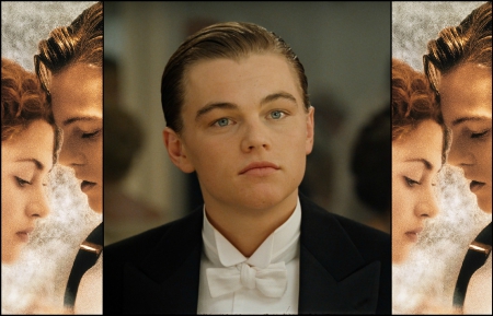 Titanic (1997) - cehenot, movie, collage, blue eyes, kate winslet, black, rose, white, man, titanic, leonardo dicaprio, actor, jack