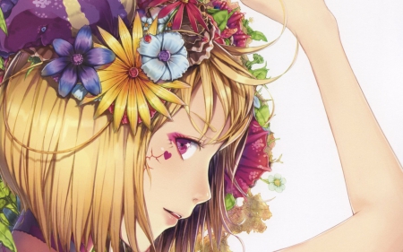 Anime girl - girl, heart, eyes, jname, tattoo, yellow, pink, blue, anime, cute, flower, blonde, manga