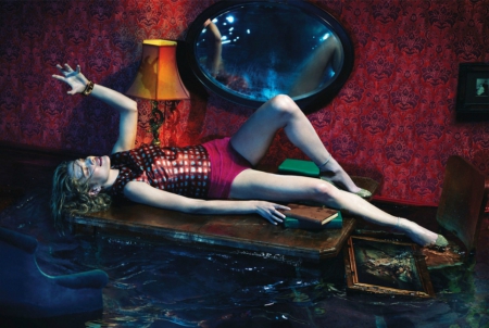 Natalia Vodianova - red, mirror, natalia vodianova, pink, water, interior, model, actress, girl, blue, lamp, lantern, orange, woman