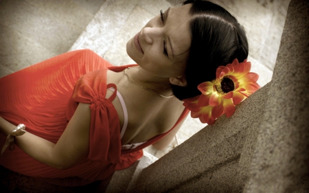 Flamenco dancer - red, flower, black, yellow, brunette, girl, dress, flamenco, woman, dancer