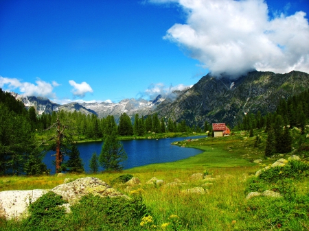 Quiet place - nice, cottage, sky, villa, quiet, reflection, calmness, green, house, grass, lake, mountain, place, lovely, serenity, nature, blue, beautiful, flowers, cabin