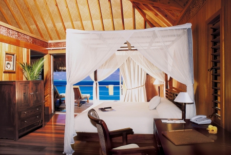 Luxury Suite in Water Villa Sheraton Bora Bora - lagoon, poster, wood, pacific, beach, room, french, polynesia, sand, tahiti, villa, bed, lynesia, sheraton, bungalow, zen, paradise, hotel, escape, south, luxury, water, sea, four, four poster, resort, bedroom, ocean, suite, tropical, bora bora, retreat