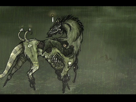 Gothic hOrse - abstract, zombie, hores, living corpes, creature, strange, green, mist, rain, dead, candles