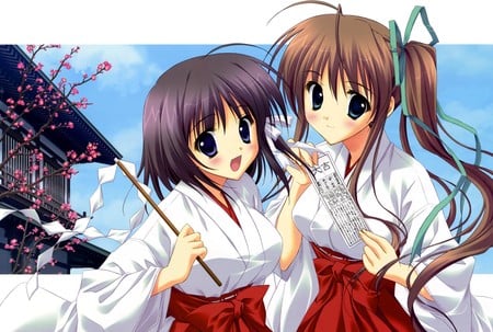 Minato and Friend - anime, minato, shrine maiden, akane iro ni somaru saka, miko