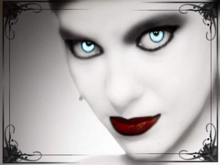 Queen of the Night - woman, hypnotic, blue eyes, red lips, framed