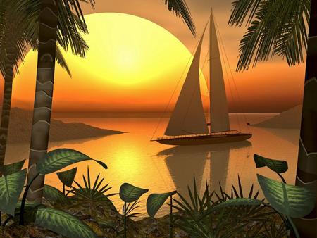 Island - abstract, palm trees, sun, water, island, sailboat