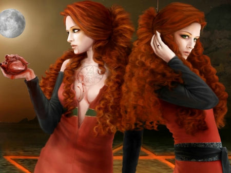 Fantasy Twins - beauty, art, abstract, redheads