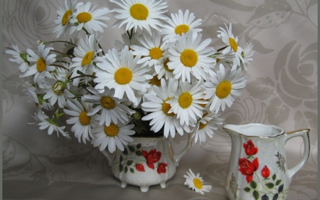 still life - flowers, daisies, still life, teapot