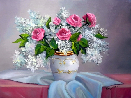 Still life - pretty, roses, lilac, spring, pink, home, flowers, elegance, scent, nice, art, veil, vase, delicate, beautiful, table, fragrance, lovely, freshness, still life, bouquet, harmony, colorful, painting, tender