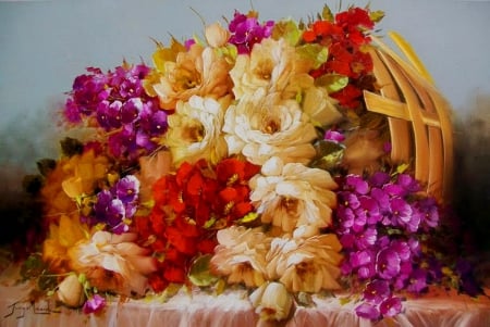 Still life - pretty, delicate, summer, beautiful, spring, lovely, freshness, still life, harmony, flowers, basket, colorful, painting, tender, nice, art