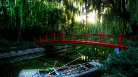 red bridge in a japanese park - trees, red, boat, stream, bridge