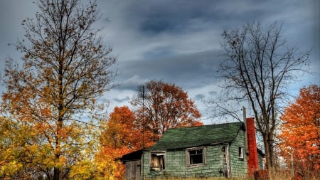 old abandoned house in autumn - house, trees, abandoned, autumn