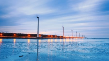 coastal turbine windmills at dusk - coast, lights, sea, dusk, windmills