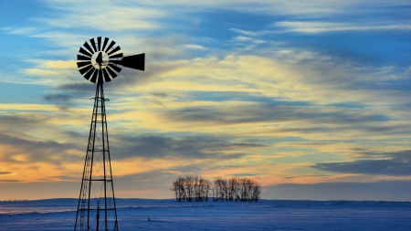 windmill well in a winter sundown - winter, clouds, well, field, sundown, windmill