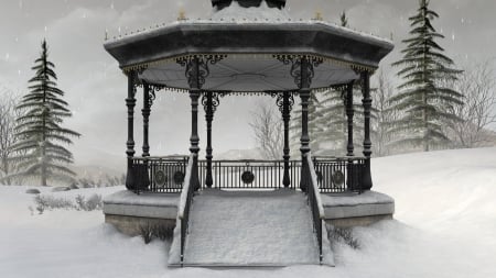 lovely gazebo in a winter snow shower - decorated, trees, gazebo, snow, park