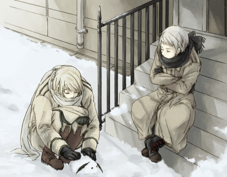 Snow - guys, hetalia axis powers, boys, anime, short hair, manga, male, russia aph, winter, scarf, hetalia, prussia aph, two boys, aph, boy, snow, coat