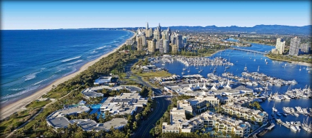 Beautiful Sunny Day - hills, water, blue, beach, sea, buildings, cityscape, sand, Australia, green, skyscraper, lakes