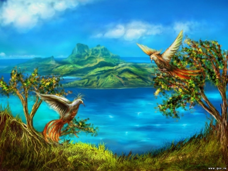 BLUE LAGOON BIRDS - lagoon, fantasy, blue, birds