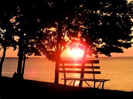 A Quiet Summer Evening - relaxation, evening, shore, sunset, nature, lake erie, bench, lake, sky