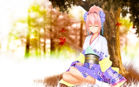 Girl from Japan - colorful, anime, girl, sleeping, tree