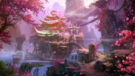 Landscape - purple, pink, beautiful, fantasy, pagoda