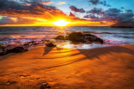 Sunset at Beach - sky, sun, clouds, colors, sea