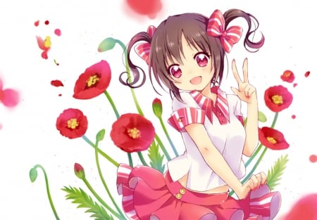 Lil' Child - pretty, anime, kawaii, female, dress, children, long hair, child, ribbon, chibi, nice, anime girl, kid, skirt, twintails, girl, lovely, brown hair, sweet, flower, red eyes, blouse, cute, adorable, floral