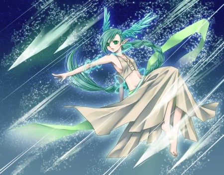 Atalanta - pretty, anime, magic, female, warrior, dress, green eyes, green hair, light, magical, long hair, hd, sparks, nice, rpg, video game, Atalanta, abstract, gown, anime girl, game, hot, golden sun, lovely, sweet, glow, fantasy, braids, green, cute, sexy