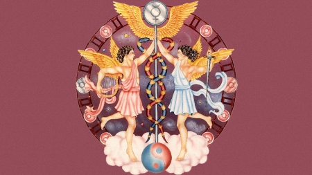 Zodiac ~ Gemini - zodiac, angel, gemini, wings, art, twins, yellow, pink, snake