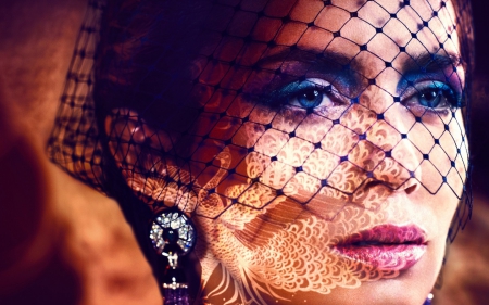 Emily Blunt - veil, tattoo, emily blunt, blue, girl, pink, actress, peacock, purple, woman, golden