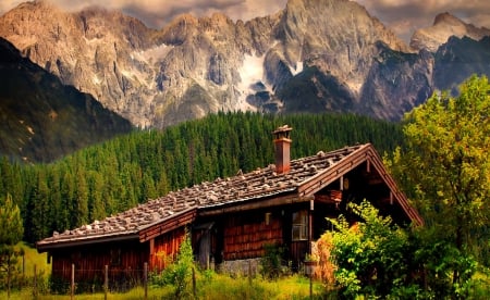 Tirol - Austria - pretty, hills, summer, cabin, home, mountain, cliffs, nice, hut, cottage, sky, house, Tirol, trees, beautiful, vacation, Austria, lovely, peaks, rest, slopes, nature, chalet, peaceful