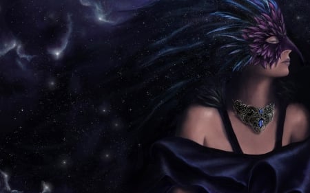 Fantasy girl - blue, girl, feather, black, fantasy, necklace, peacock, purple, mask, woman