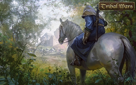 Tribal wars - kinight, tribalwars, horse, game, grass, blue, white, fantasy, armor, paladin, green