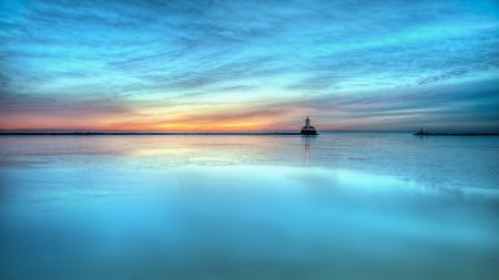 fantastic harbor lighthouse - lighthouse, harbor, sunset, beaker, sea