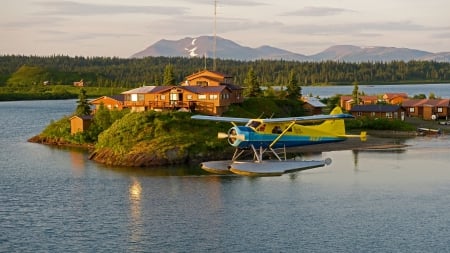 hydroplane over an alaskan settlement - lake, forest, mountain, settlement, plane