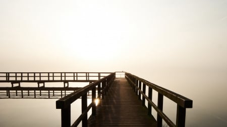 pier on beautiful foggy lake at sunrise - sunrise, lake, fog, pier