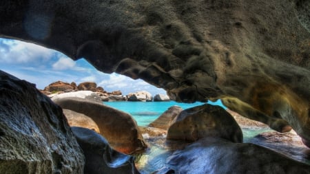 fantastic cavern on a rocky sea coast hdr - cavern, coast, hdr, sea, rocks