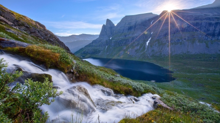 mountain stream down to a valley lake - sun rays, stream, lake, mountains, valley