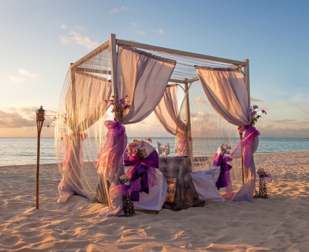 Romantic Beach - table for two, romantic, beach, beautiful, wedding, torch, romance, lovely, sand, ribbon, bow