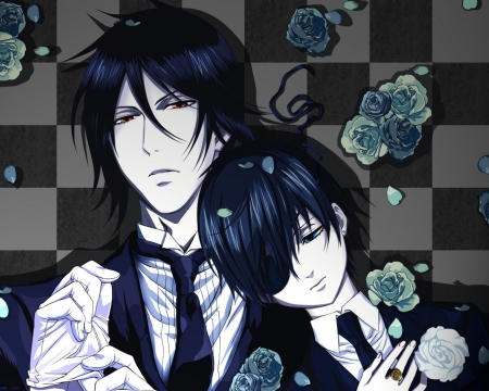 Balck Bulter - tie, roses, CIEL, kuroshitsuji, red eyes, suite, males, Sebastian, black butler, black hair, sexy, gloves, blue eyes