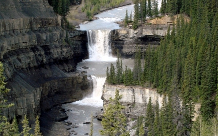 Cresent Waterfalls ~ Alberta, Canada - canada, mountains, waterfalls, trees