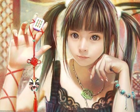 Anime Artwork - brown eyes, game, anime, artwork, dress, neacklece, brown hair, braclet, japanese girl