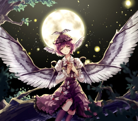 Mystia Lorelei - moonlight, touhou, dark, anime, girl, night, darkness, mystia lorelei, manga, wings, moon, female