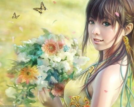 I Chen lin - buterrfly, artwork, sun flower, dress, brown hair, flowers, l chen lin, vid game, background, blue eyes, earings