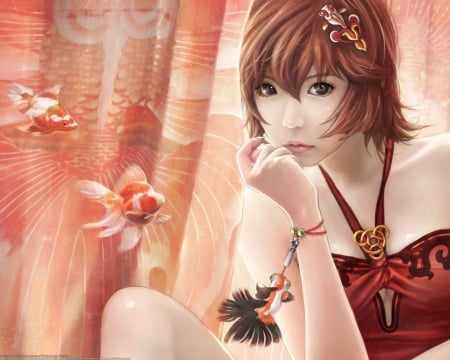 I-Chin lin - artwork, curtains, dress, red dress, fishes, red hair, braclet, black eyes, video games