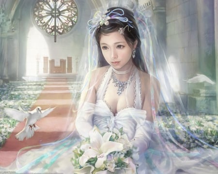 I- chin lin Wedding â™¥ - i chin lin, wedding, earing, wedding dress, black hair, bird, church, lipstick, artwork, flowers, cute, black eyes, neackelce, dress