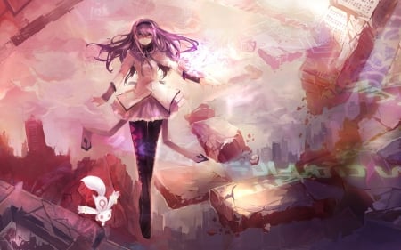 Power Control à¥“_à¥” - skirt, cat, girl, magic, pink hair, cute cat, wallpaper, unifrom, rocks, flying, floating, anime