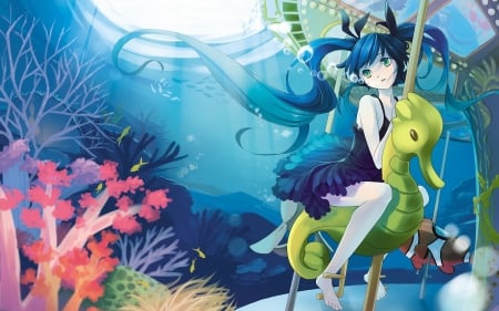 ђά√ΐทg Բΰท ΰทđέя Ƭђέ ώάƬέя - anime, having fun under the water, dress, fishes, green eyes, long hair, grasses, blue hair, cute, amusement, rocks