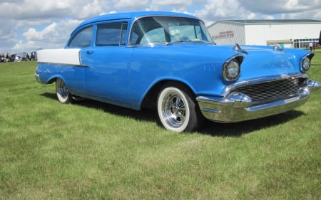 1957 Chevrolet Bel Air - white, headlights, chevrolet, blue, photography